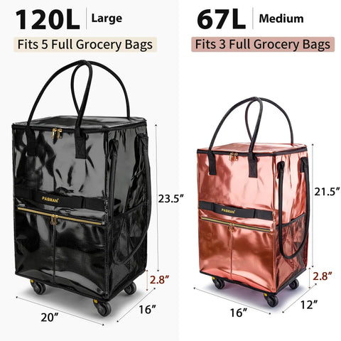 Heavy Duty Rolling Tote Bag With Five Wheels, Foldable Grocery Cart for Laundry Market and Travel, 67 Liter Capacity, Black and Copper