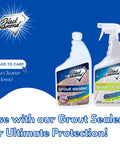 Two bottles: Ultimate Grout Cleaner For Tile Floors Acid Free Formula Deep Clean Removes Grease Dirt And Soap Scum Without Damaging Grout Safe For Marble Granite And All Natural Stone with matching grout sealer