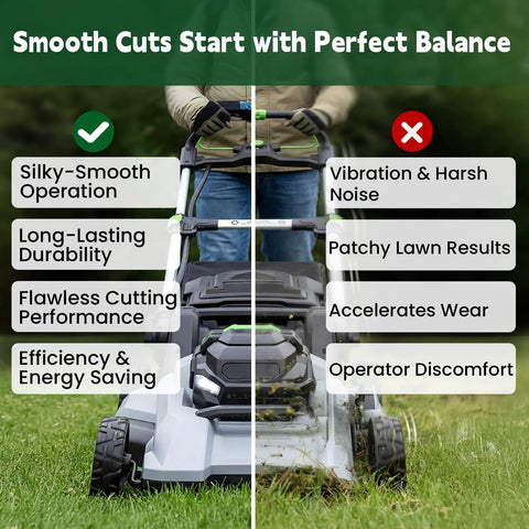 Split image of a lawn mower showing smooth operation on one side, harsh noise on the other, promoting balance for better results.