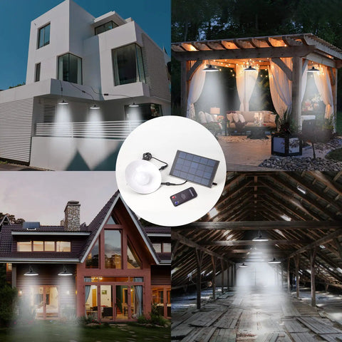 Solar Powered Shed Lights With 3 Heads And Remote Control illuminating a modern house, gazebo, home exterior, and barn interior