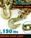 Heavy Duty Truck Tie Down Kit With 1/4 Inch And 5/16 Inch Chains And Binders, WLL 2600 Lbs, G70 20 Foot Transport Chain, SWL 3150 Lbs, Flatbed Hauling And Logging Gear For Secure Tie Down image of chain hooks and links with load limit details