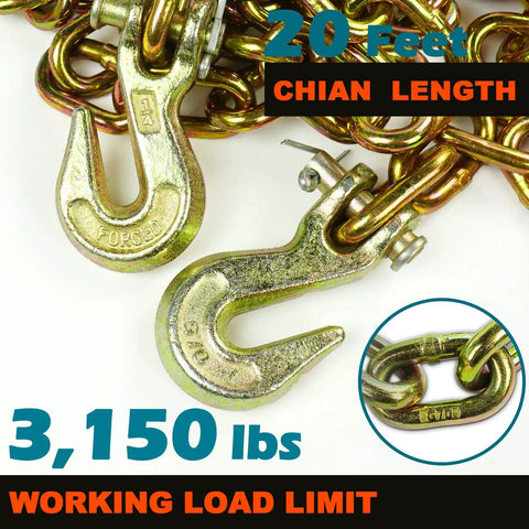 Heavy Duty Truck Tie Down Kit With 1/4 Inch And 5/16 Inch Chains And Binders, WLL 2600 Lbs, G70 20 Foot Transport Chain, SWL 3150 Lbs, Flatbed Hauling And Logging Gear For Secure Tie Down image of chain hooks and links with load limit details