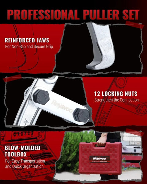 Close-up of Beefy Gear Puller Set with reinforced jaws and 12 locking nuts, featuring blow-molded toolbox for transportation.