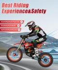 Rider on orange Off Road Electric Dirt Bike For Adults with 6000W Peak Mid Drive Motor, featuring dual hydraulic brakes and shock absorbers