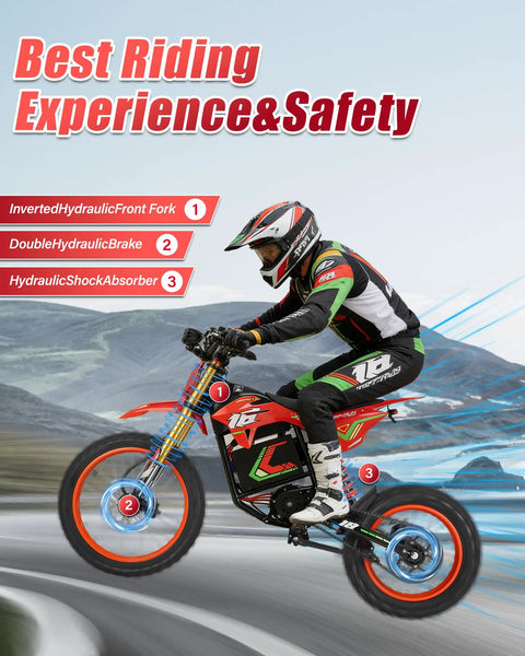 Rider on orange Off Road Electric Dirt Bike For Adults with 6000W Peak Mid Drive Motor, featuring dual hydraulic brakes and shock absorbers