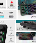 Top Tier Mechanical Gaming Keyboard With Glowing LCD Screen And Control Knob Triple Mode Wireless Gasket Mount Hot Swappable Linear Red Switches For Your Sick Gamer Rig showing RGB backlit PBT keycaps and volume knob.