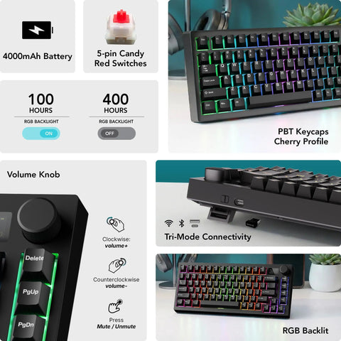 Top Tier Mechanical Gaming Keyboard With Glowing LCD Screen And Control Knob Triple Mode Wireless Gasket Mount Hot Swappable Linear Red Switches For Your Sick Gamer Rig showing RGB backlit PBT keycaps and volume knob.