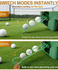 Automatic Golf Ball Dispenser And Tee Up Trainer For Driving Range And Home Practice With 40 Ball Capacity Dual Mode Height Adjustment Infrared Auto Tee System For Continuous Swing Practice Like A Pro showing iron and wood modes with golf balls in tracks and rails on a green field.