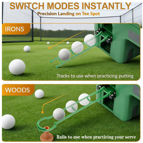 Automatic Golf Ball Dispenser And Tee Up Trainer For Driving Range And Home Practice With 40 Ball Capacity Dual Mode Height Adjustment Infrared Auto Tee System For Continuous Swing Practice Like A Pro showing iron and wood modes with golf balls in tracks and rails on a green field.