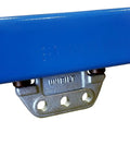 Close-up of Blue Enclosed Conveyor Track With Pre Welded Yokes, 5 Foot Trolley Rail for light to medium duty jobs.