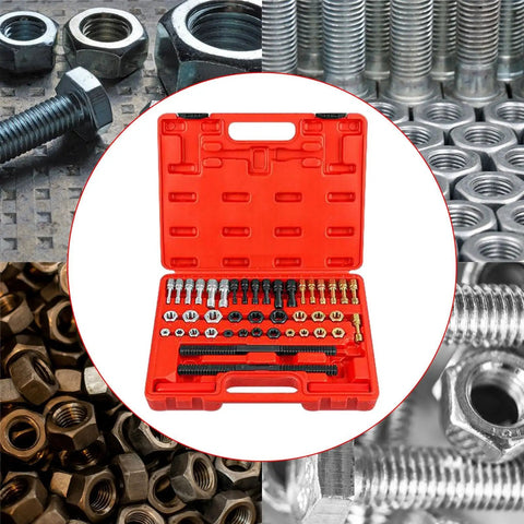 Super Cool 45 Piece Thread Repair Tool Kit That Fixes Stripped Screws Like A Pro, Includes Sturdy Alloy Taps And Dies With Handy Storage Box For Any Auto Or Diy Job. Red 45-piece alloy thread repair kit in case with taps, dies, and bolts