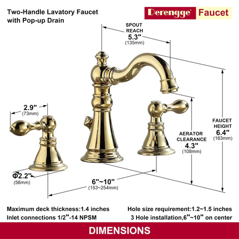 Diagram showing dimensions of 8 Inch Widespread Polished Brass Bathroom Faucet With Two Handles And Brass Pop Up Drain For 3 Hole Sink