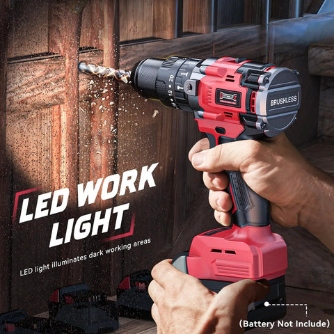 Heavy Hitter Cordless Drill Compatible With Milwaukee 18V Tool Only in use, drilling into wood with LED work light on.