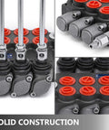 Vevor 3-spool hydraulic control valve collage: black body, red port caps, and silver control levers