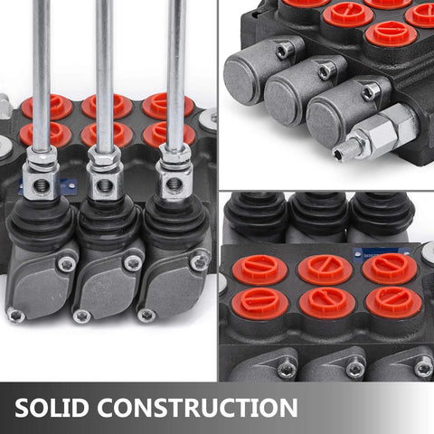 Vevor 3-spool hydraulic control valve collage: black body, red port caps, and silver control levers