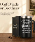 Bro Approved 20oz Stainless Steel Insulated Coffee Mug With Sweet Quote Double Wall Vacuum Tumbler For The Daily Grind And Sick Weekend Adventures In Matte Black Finish on a wooden table with packaging.