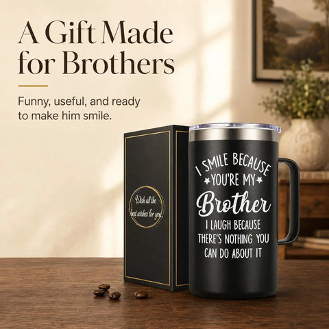 Bro Approved 20oz Stainless Steel Insulated Coffee Mug With Sweet Quote Double Wall Vacuum Tumbler For The Daily Grind And Sick Weekend Adventures In Matte Black Finish on a wooden table with packaging.