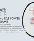 Close-up view of Muscle Power 29 Carbon Graphite Badminton Racket frame with isometric head and strings visible for precision control.