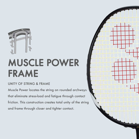 Close-up view of Muscle Power 29 Carbon Graphite Badminton Racket frame with isometric head and strings visible for precision control.