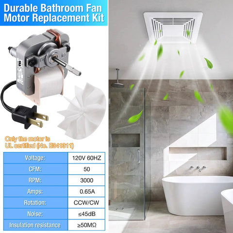 120V 50CFM Bathroom Vent Fan Motor Replacement For Broan NuTone And Other Compatible Exhaust Fans with C65878 shown alongside specs