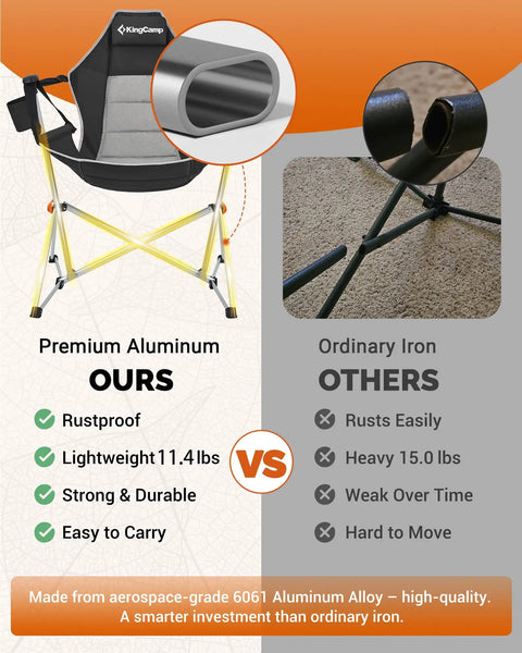 Comparison of aluminum and iron frames in the Hammock Chair With Footrest For Adults Up To 400 Lbs Heavy Duty Folding Outdoor Rocker.
