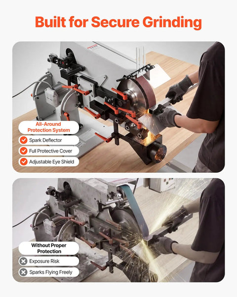 VEVOR 1500W Belt Grinder Sander With VFD Variable Speed Control 72X2 Inch Polisher Knife Making Machine demonstrating secure grinding with protective features.