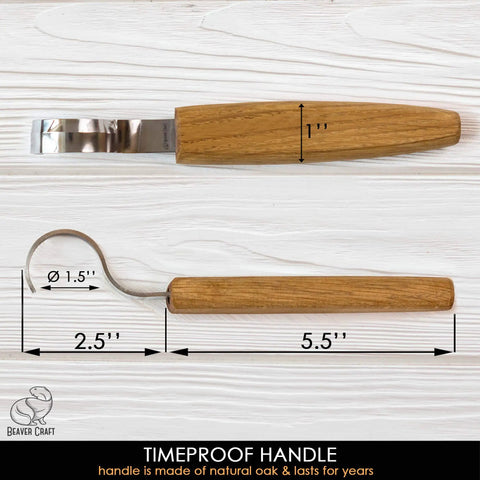 High Carbon Steel Right Handed Hook Knife For Wood Carving Spoon Gouging With Killer Sharp Edge Rugged Oak Handle with dimensions.
