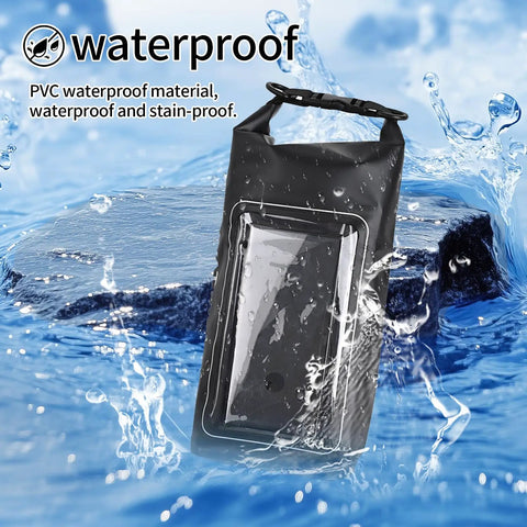 2L Roll Top Waterproof Dry Bag With Integrated Sealed Clear Phone Pouch for boating, fishing, and travel, black in water scene