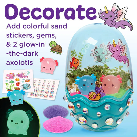 Mini Axolotl Terrarium STEM Kit for Kids with decorated egg-shaped tank, chia plants, and glow-in-the-dark axolotl toys.