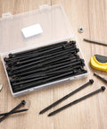 Tough As Nails Heavy Duty Structural Deck Screws Including Fifty Piece Set In Airtight Jar With Hex Bit Featuring Self Drilling Points and Serrated Threads For Quick Easy Buildouts in storage box.