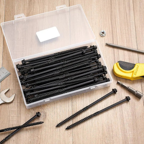 Tough As Nails Heavy Duty Structural Deck Screws Including Fifty Piece Set In Airtight Jar With Hex Bit Featuring Self Drilling Points and Serrated Threads For Quick Easy Buildouts in storage box.