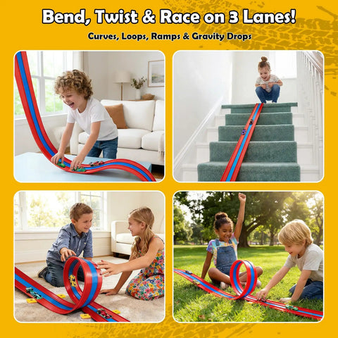 Children playing with 16ft Flexible Race Track For Kids 3 Plus With 3 Lane Roll Up Design Includes 4 Pull Back Cars Portable Bath And Floor Play Track Easy Setup For Bathtub Tiles Or Carpet Blue And Red Perfect Birthday Gift For Boys And Girls.