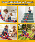 Hot Wheels Compatible 16 Ft Flex Track with suction cups and ramps, three lanes in red and blue, used by kids indoors and outdoors.