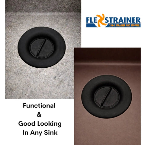 No Center Stem Sink Strainer With Optional Stopper For Three And A Half Inch Drains In Two Different Sinks, Black Color