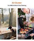 Rechargeable Electric Air Duster With 150000 RPM Turbo Power in use for BBQ and wood chip cleaning outdoors.