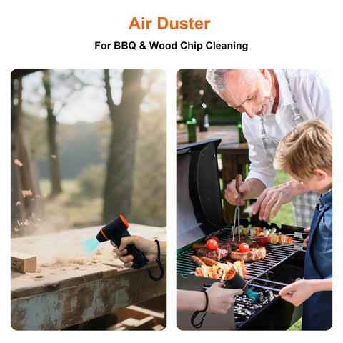 Rechargeable Electric Air Duster With 150000 RPM Turbo Power in use for BBQ and wood chip cleaning outdoors.