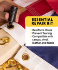Hand using Half-Inch Grommet Tool Kit With 12 Solid Brass Grommets for tarps, canopies, and fabric repairs, easy install process shown
