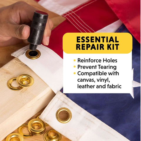 Hand using Half-Inch Grommet Tool Kit With 12 Solid Brass Grommets for tarps, canopies, and fabric repairs, easy install process shown