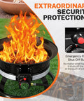 Lit Propane Fire Pit Smokeless 58000 BTU 19 Inch Outdoor Portable Fire Table with Auto Ignition, shown on grass with flame and shut-off button.