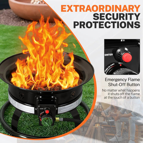 Lit Propane Fire Pit Smokeless 58000 BTU 19 Inch Outdoor Portable Fire Table with Auto Ignition, shown on grass with flame and shut-off button.
