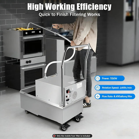 Straight Heavy Duty Commercial Mobile Fryer Filter Machine With 14 Gallon Tank And Smooth 550 Watt Pump, shown in use indoors.