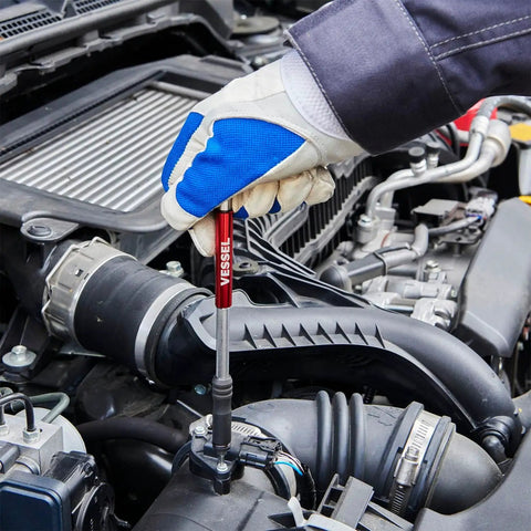 Two Way Speed L Handle Tool Kit With Long Reach, Heavy Duty 11 Piece Set Featuring Quick Change Collar being used on car engine