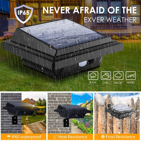 Solar Outdoor Lights With Motion Sensor 25 LED Waterproof Wall Fence Step Deck Lighting For Garden Patio Backyard Pathway And Eaves With Easy Install And All Weather Exterior Illumination shown in rainy weather