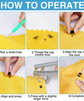 Step-by-step guide showing installation of Live Snaps Buttons For Fabric 120 Sets Black T5 Resin Snap Fasteners 1/2 Inch For Clothing Diapers And Craft Projects Eco Friendly Durable Resin Snaps With Sturdy Storage Box on yellow fabric.
