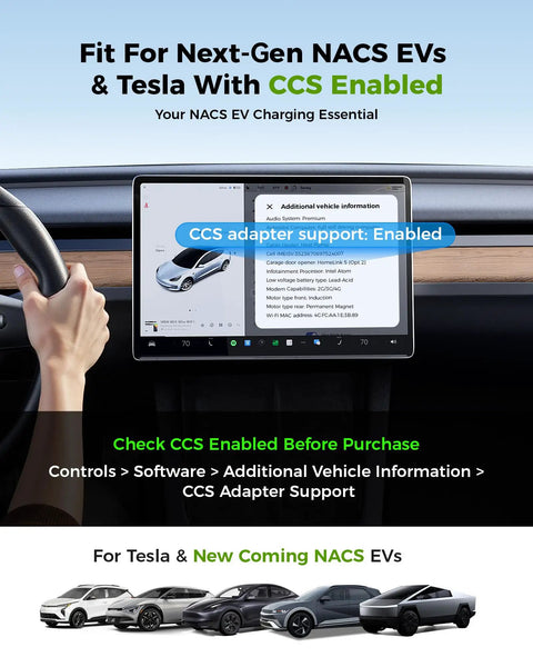 Interior view showing CCS to NACS Electric Vehicle Charging Adapter compatibility with Tesla and new EV models.