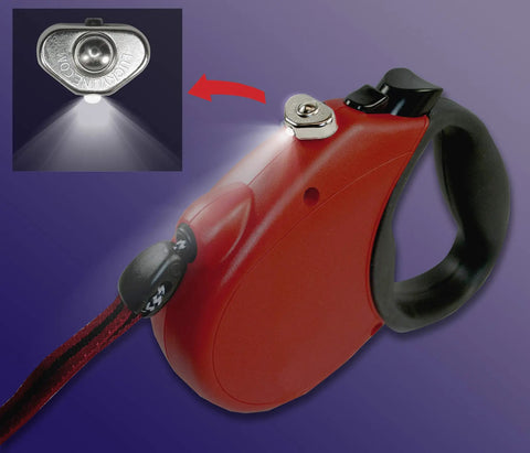 Red retractable leash with Ultra Compact Stick On LED Thumb Light turning it into a bright flashlight with water resistant design.