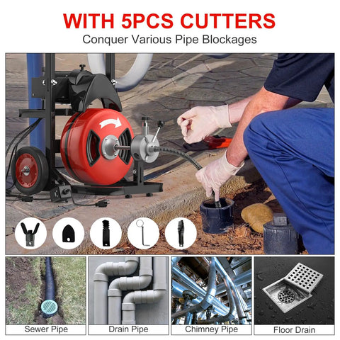 Heavy Duty 75 Ft Electric Drain Cleaner Auto Feed Sewer Snake Auger with Half Inch Steel Core Cable in use on drain pipe.