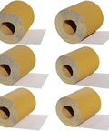 Two And Three Quarters Inch Wide PSA Continuous Roll Sandpaper Kit With 30 Yards Of Stickyback Longboard Sheets In 80 120 180 220 320 400 Grit For Pro Grade Auto Shop And Woodworking, displaying six rolls of sandpaper.
