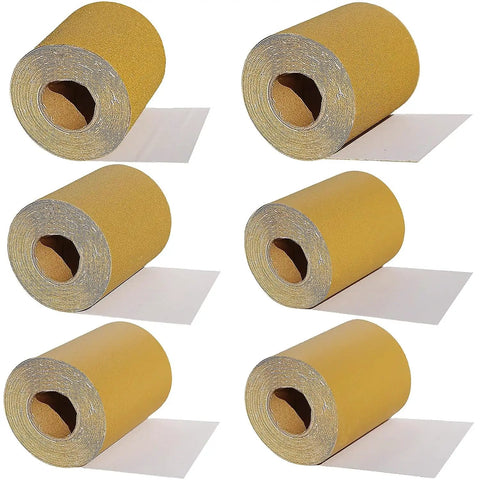 Two And Three Quarters Inch Wide PSA Continuous Roll Sandpaper Kit With 30 Yards Of Stickyback Longboard Sheets In 80 120 180 220 320 400 Grit For Pro Grade Auto Shop And Woodworking, displaying six rolls of sandpaper.