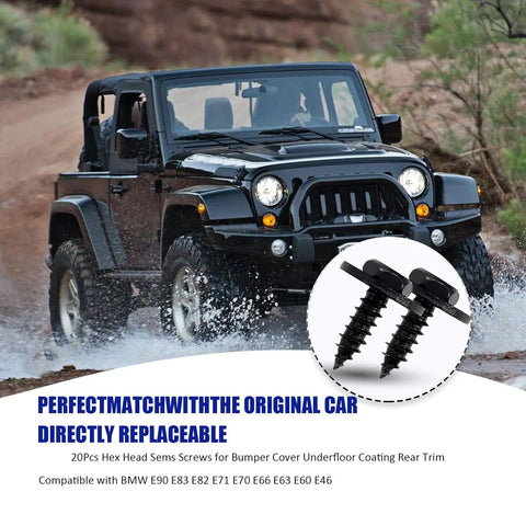 Heavy Duty Hex Head Self Tapping Screws For Auto Bumper Hood Trim 20 Pack Slick Black Finish Rust Proof Shock Resistant Fasteners in use on a Jeep